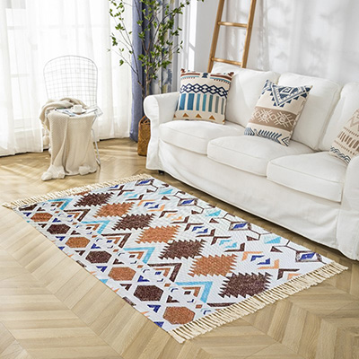 Nordic style ins imitation cotton linen tassel woven floor mat, bedroom bedside mat, minimalist modern home carpet, machine washable